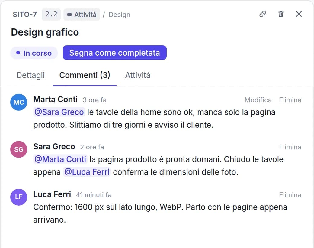 Panneau d’une tâche avec commentaires et @mentions entre collègues